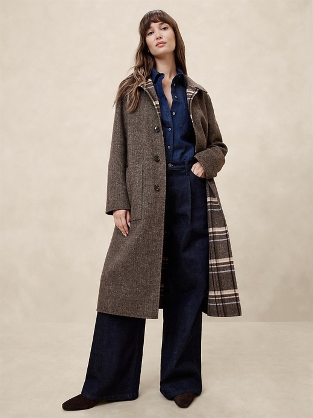 Banana Republic Reversible Wool Blend Long Coat in Brown/Plaid